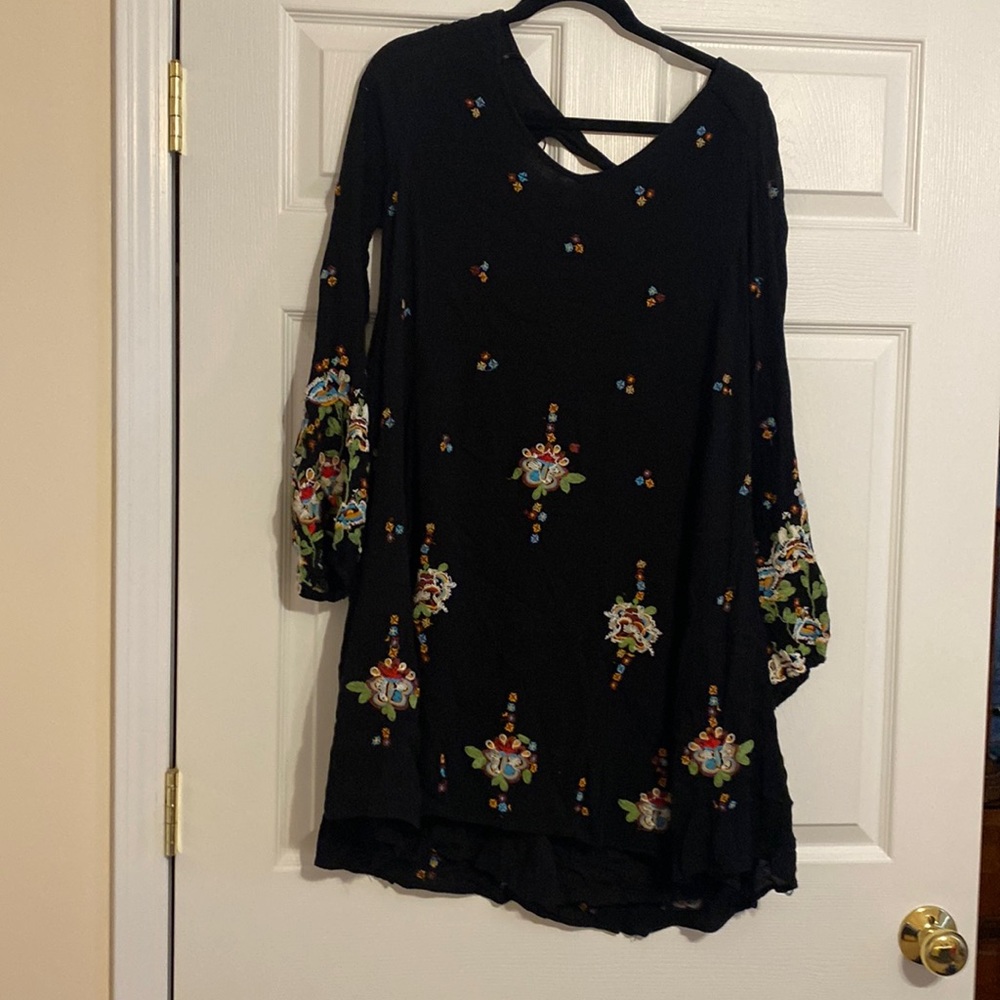 Free people black dress with embroidered flowers